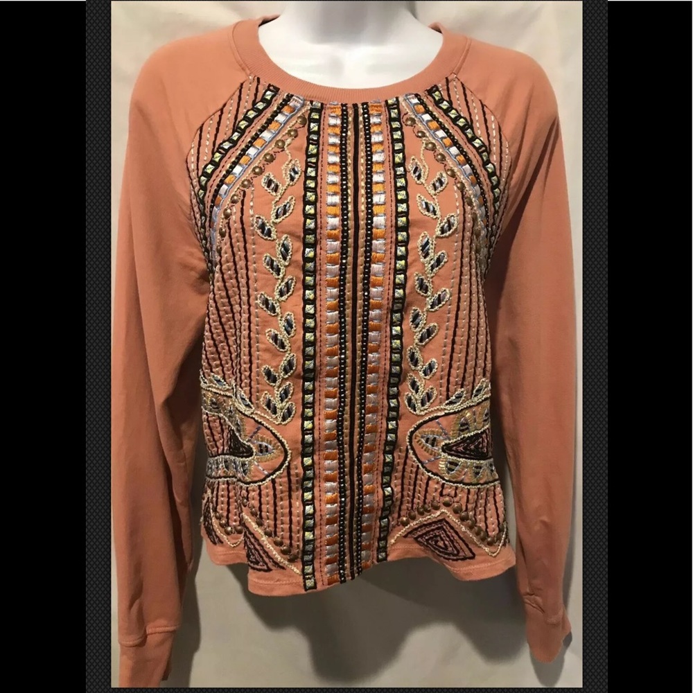 AKEMI + KIN Anthropologie Sweatshirt Top Embroidered Beaded Boho - Picture 2 of 9